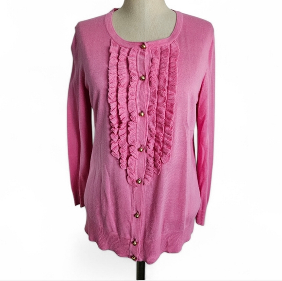 Talbots Sweaters - TALBOTS Pink Ruffle Front Gold Button Knit Cardigan | SZ M